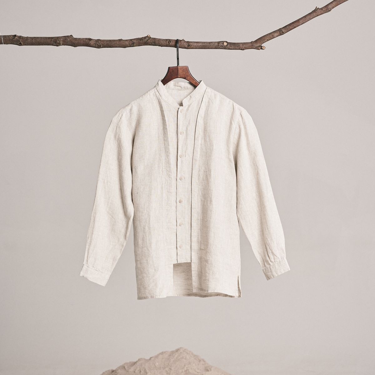 Linen Band-Collar Shirt